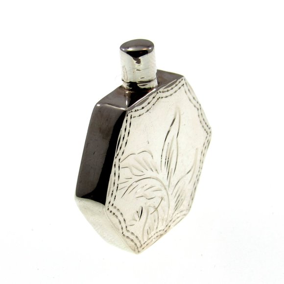 Solid 925 Sterling Silver Etched Floral Hexagon Perfume Bottle with Dip Stick - Picture 5 of 8